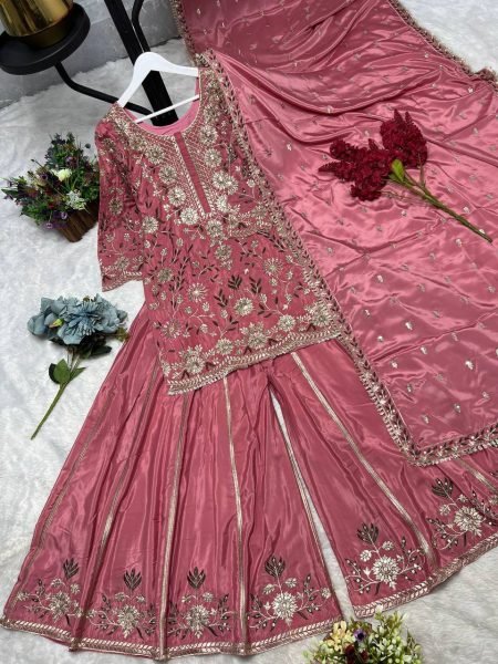 Upscale Pink Crepe Silk Embroidered Kurti Palazzo Set with Dupatta for Women Ready To Wear Collection