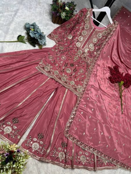 Upscale Pink Crepe Silk Embroidered Kurti Palazzo Set with Dupatta for Women Ready To Wear Collection