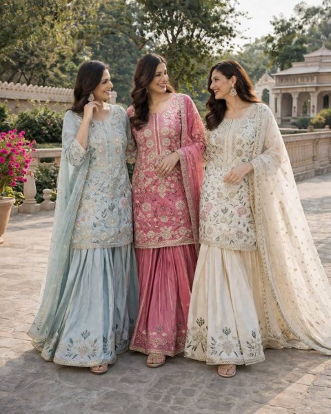 Upscale Pink Crepe Silk Embroidered Kurti Palazzo Set with Dupatta for Women Ready To Wear Collection