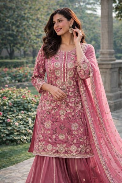 Upscale Pink Crepe Silk Embroidered Kurti Palazzo Set with Dupatta for Women Ready To Wear Collection