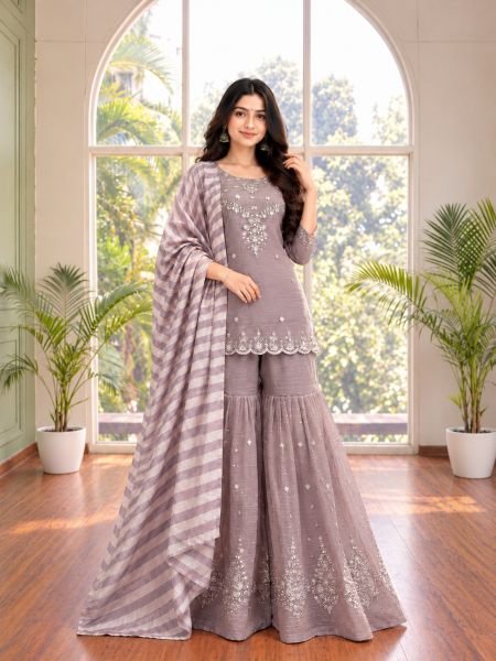 Upscale Purple Designer Salsa Silk Top Sharara Set with Sequin Work for Festival Ready To Wear Suit