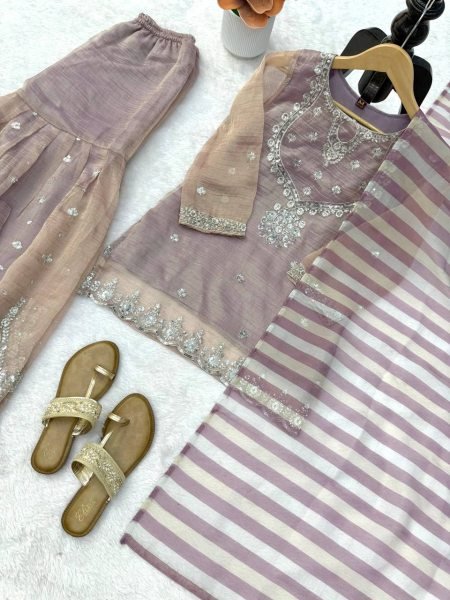 Upscale Purple Designer Salsa Silk Top Sharara Set with Sequin Work for Festival Ready To Wear Collection