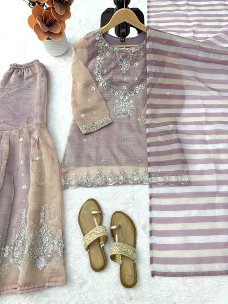 Upscale Purple Designer Salsa Silk Top Sharara Set with Sequin Work for Festival Ready To Wear Collection