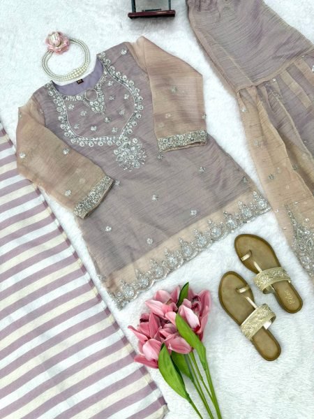 Upscale Purple Designer Salsa Silk Top Sharara Set with Sequin Work for Festival Ready To Wear Collection