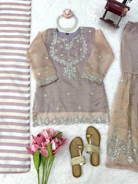 Upscale Purple Designer Salsa Silk Top Sharara Set with Sequin Work for Festival Ready To Wear Collection