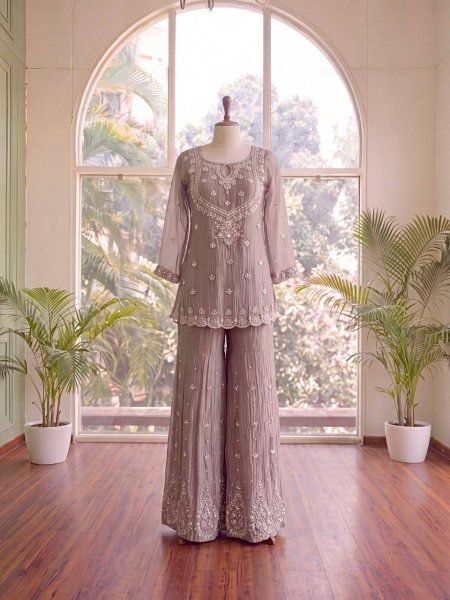 Upscale Purple Designer Salsa Silk Top Sharara Set with Sequin Work for Festival Ready To Wear Collection