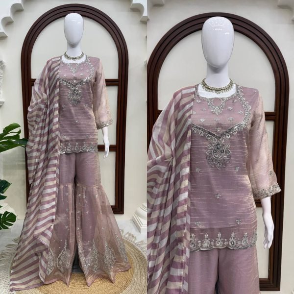 Upscale Purple Designer Salsa Silk Top Sharara Set with Sequin Work for Festival Ready To Wear Collection