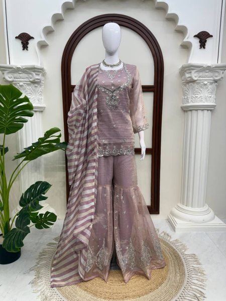 Upscale Purple Designer Salsa Silk Top Sharara Set with Sequin Work for Festival Ready To Wear Collection