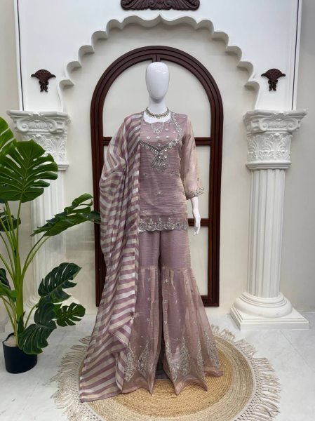 Upscale Purple Designer Salsa Silk Top Sharara Set with Sequin Work for Festival Ready To Wear Collection