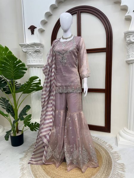 Upscale Purple Designer Salsa Silk Top Sharara Set with Sequin Work for Festival Ready To Wear Collection