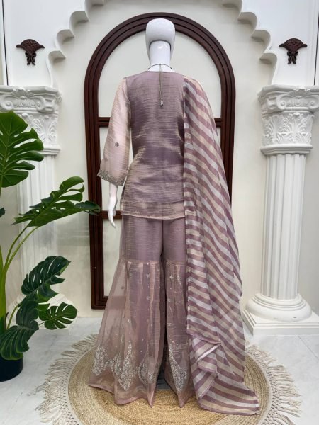 Upscale Purple Designer Salsa Silk Top Sharara Set with Sequin Work for Festival Ready To Wear Collection