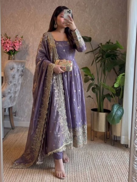 Upscale Purple Heavy Two Tone Fandy Silk Embroidered Gown Set with Dupatta 