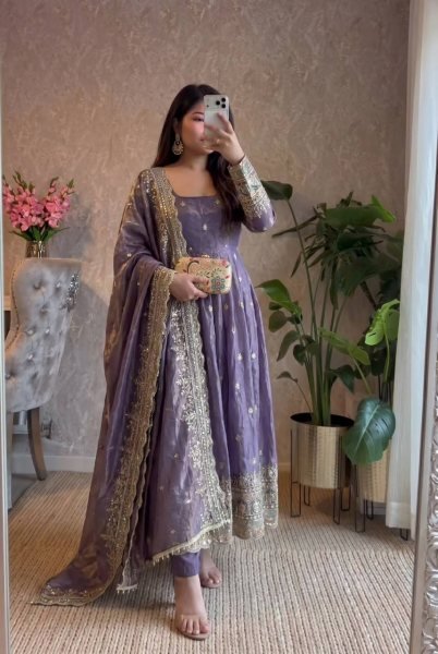 Upscale Purple Heavy Two Tone Fandy Silk Embroidered Gown Set with Dupatta Ready To Wear Collection