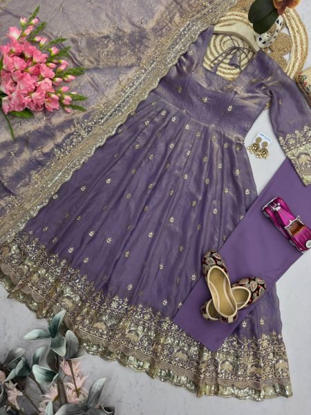 Upscale Purple Heavy Two Tone Fandy Silk Embroidered Gown Set with Dupatta Ready To Wear Collection