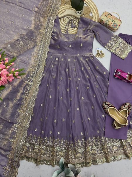 Upscale Purple Heavy Two Tone Fandy Silk Embroidered Gown Set with Dupatta Ready To Wear Collection