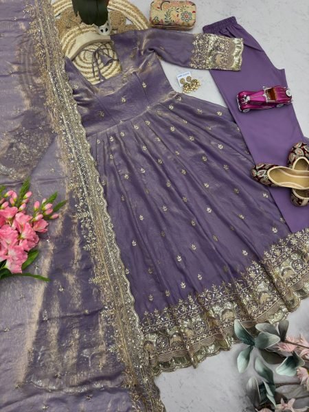 Upscale Purple Heavy Two Tone Fandy Silk Embroidered Gown Set with Dupatta Ready To Wear Collection