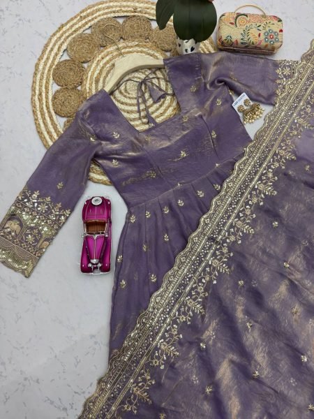 Upscale Purple Heavy Two Tone Fandy Silk Embroidered Gown Set with Dupatta Ready To Wear Collection