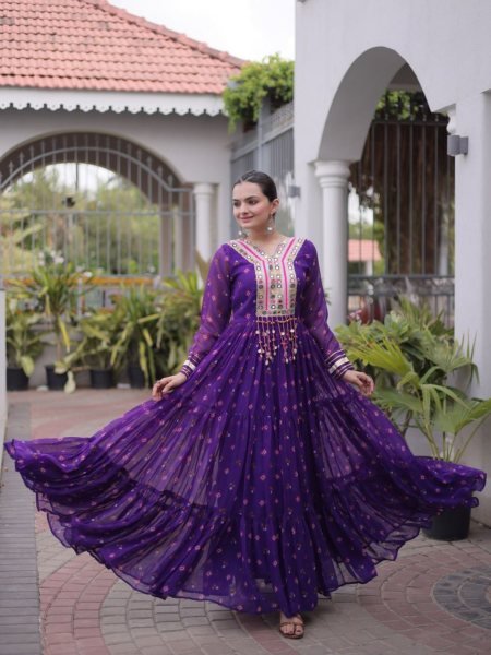 Upscale Purple Premium Faux Georgette Laheriya Print Gown for Garba and Dandiya Shop by Occasion