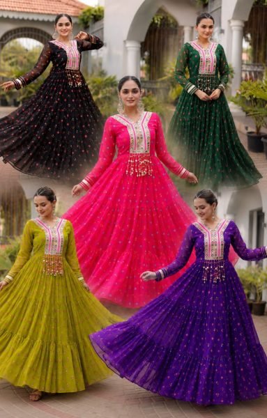 Upscale Purple Premium Faux Georgette Laheriya Print Gown for Garba and Dandiya Anarkali Kurtis 