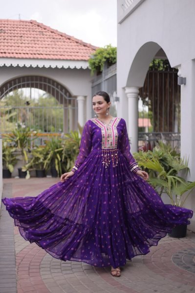 Upscale Purple Premium Faux Georgette Laheriya Print Gown for Garba and Dandiya Anarkali Kurtis 