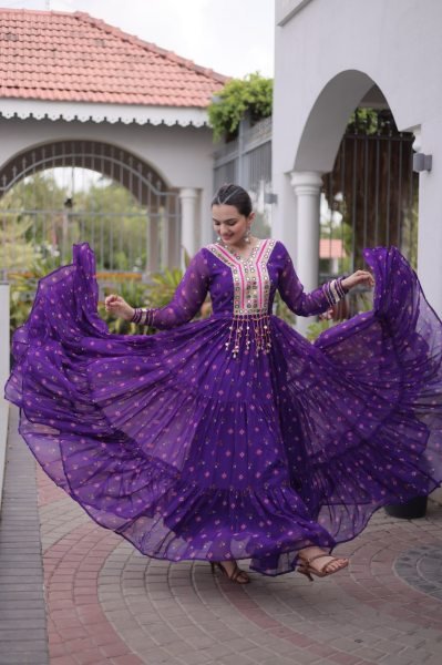 Upscale Purple Premium Faux Georgette Laheriya Print Gown for Garba and Dandiya Anarkali Kurtis 