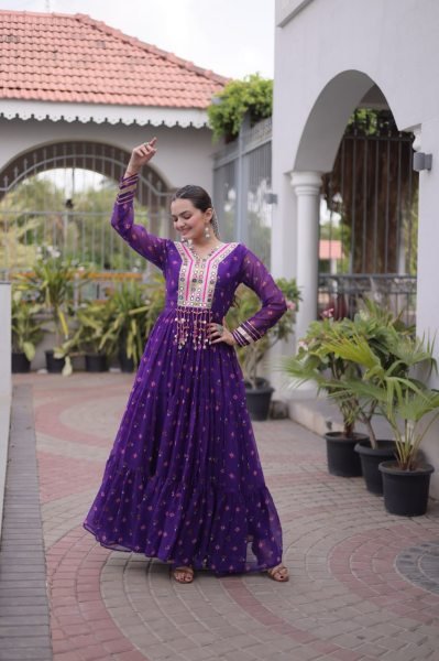 Upscale Purple Premium Faux Georgette Laheriya Print Gown for Garba and Dandiya Anarkali Kurtis 