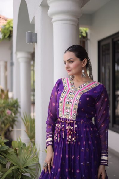 Upscale Purple Premium Faux Georgette Laheriya Print Gown for Garba and Dandiya Anarkali Kurtis 