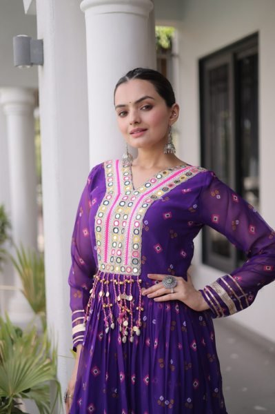 Upscale Purple Premium Faux Georgette Laheriya Print Gown for Garba and Dandiya Anarkali Kurtis 
