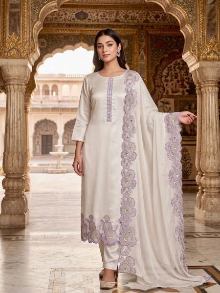 Upscale Purple Roman Glass Silk Kurti Pant Dupatta Set with Embroidery Sequins Work Ready To Wear Suit