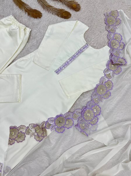Upscale Purple Roman Glass Silk Kurti Pant Dupatta Set with Embroidery Sequins Work Ready To Wear Collection