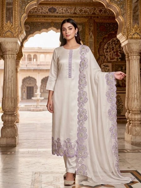 Upscale Purple Roman Glass Silk Kurti Pant Dupatta Set with Embroidery Sequins Work Ready To Wear Collection