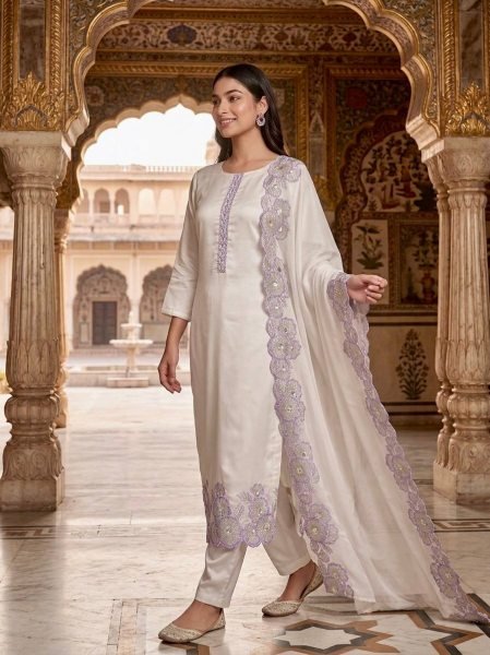 Upscale Purple Roman Glass Silk Kurti Pant Dupatta Set with Embroidery Sequins Work Ready To Wear Collection