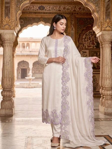 Upscale Purple Roman Glass Silk Kurti Pant Dupatta Set with Embroidery Sequins Work Ready To Wear Collection
