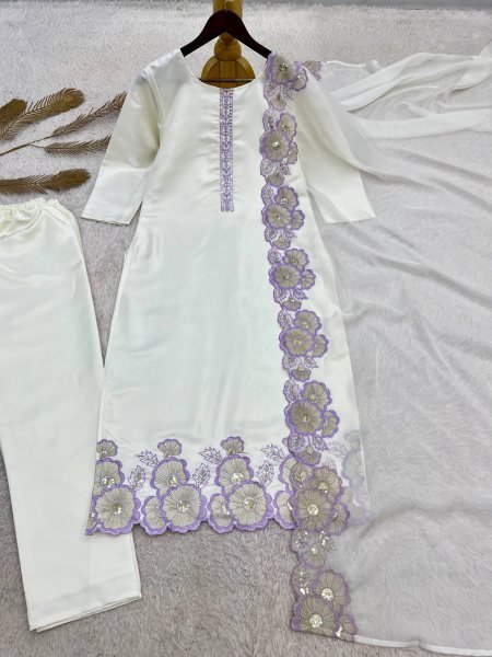 Upscale Purple Roman Glass Silk Kurti Pant Dupatta Set with Embroidery Sequins Work Ready To Wear Collection