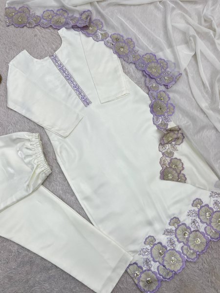 Upscale Purple Roman Glass Silk Kurti Pant Dupatta Set with Embroidery Sequins Work Ready To Wear Collection