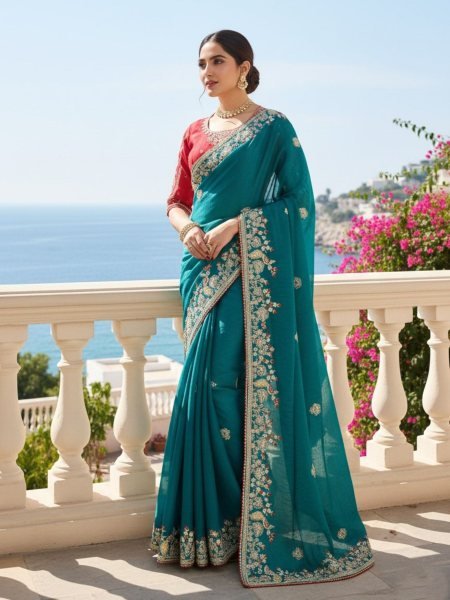 Upscale Rama Fendy Chiffon Silk Saree with Embroidered Border and Blouse For Wedding Sarees 
