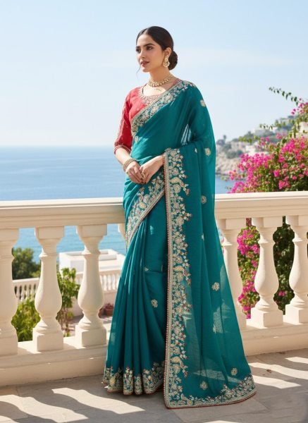 Upscale Rama Fendy Chiffon Silk Saree with Embroidered Border and Blouse For Wedding Silk Sarees Wholesale
