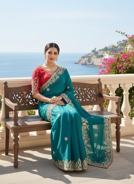 Upscale Rama Fendy Chiffon Silk Saree with Embroidered Border and Blouse For Wedding Silk Sarees Wholesale