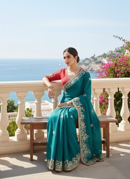 Upscale Rama Fendy Chiffon Silk Saree with Embroidered Border and Blouse For Wedding Silk Sarees Wholesale