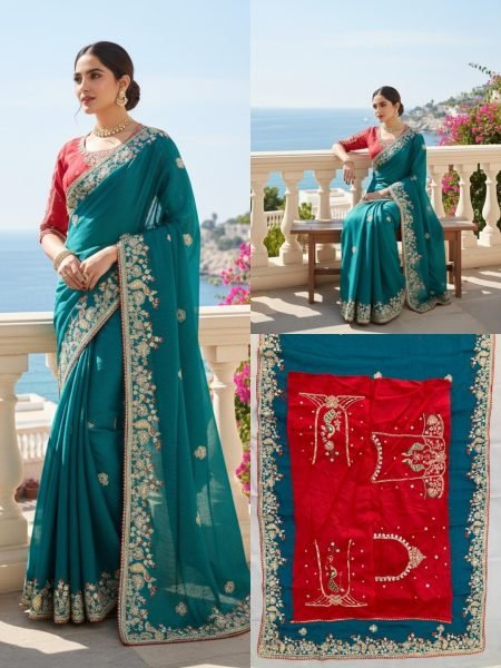 Upscale Rama Fendy Chiffon Silk Saree with Embroidered Border and Blouse For Wedding Silk Sarees Wholesale