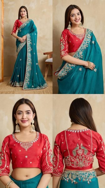 Upscale Rama Fendy Chiffon Silk Saree with Embroidered Border and Blouse For Wedding Silk Sarees Wholesale