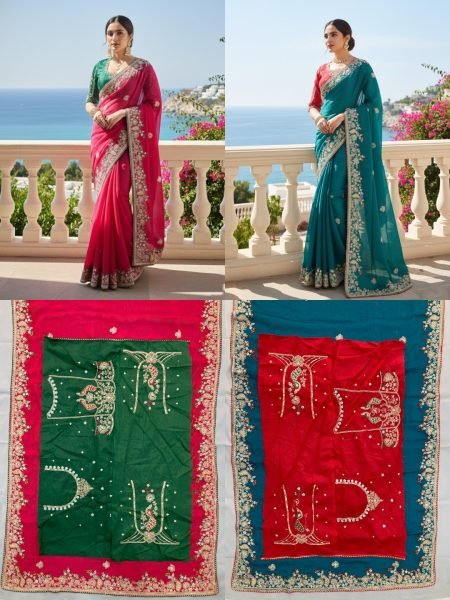 Upscale Rama Fendy Chiffon Silk Saree with Embroidered Border and Blouse For Wedding Silk Sarees Wholesale