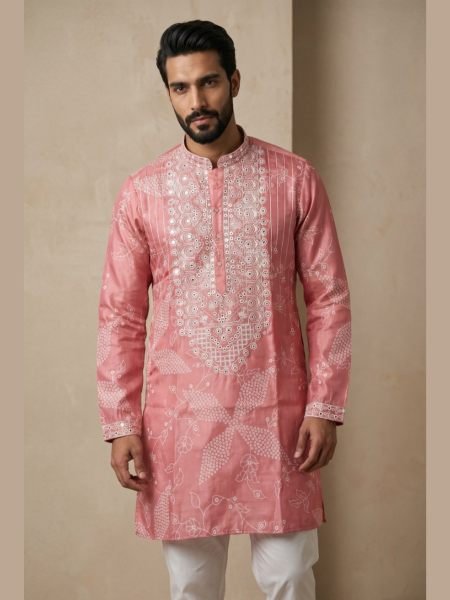 Upscale Red Designer Men’s Kurta Pyjama Set with Printed Shimmer Silk Kurta 
