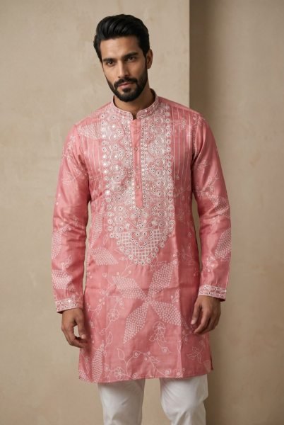 Upscale Red Designer Men’s Kurta Pyjama Set with Printed Shimmer Silk Kurta Kurta Pajama Wholesale