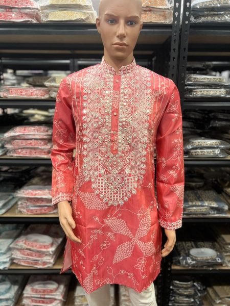 Upscale Red Designer Men’s Kurta Pyjama Set with Printed Shimmer Silk Kurta Kurta Pajama Wholesale