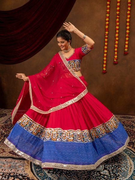 Upscale Red Rayon Cotton Lehenga Choli with Mirror Work Pearl Moti Dupatta at Wholesale Rate 