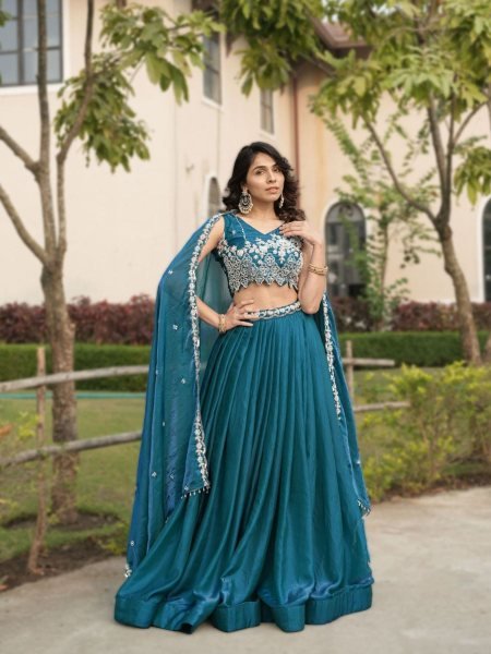 Upscale Teal Blue Women's Fendy Silk Lehenga Choli with Heavy Beads Work for Bridal Wear  Lehenga