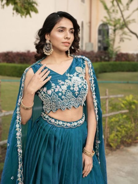 Upscale Teal Blue Women's Fendy Silk Lehenga Choli with Heavy Beads Work for Bridal Wear Designer Lehenga Choli