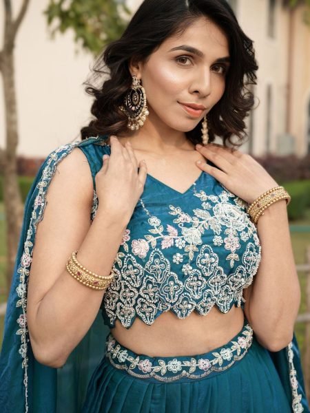 Upscale Teal Blue Women's Fendy Silk Lehenga Choli with Heavy Beads Work for Bridal Wear Designer Lehenga Choli
