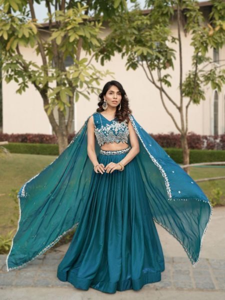 Upscale Teal Blue Women's Fendy Silk Lehenga Choli with Heavy Beads Work for Bridal Wear Designer Lehenga Choli